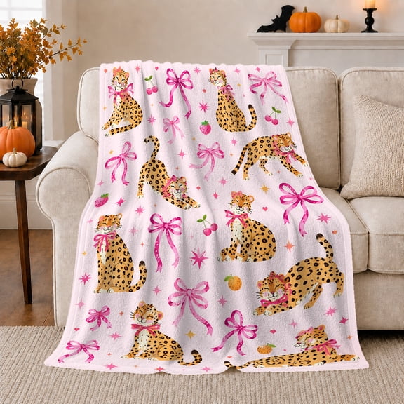 Kawaii Cartoon Leopard Pink Bows Playful, Playful Artistic Scene, Warm Flannel Blanket for Cabin and Lodge, Wildlife Lovers Housewarming Gift, Playful Home Decor