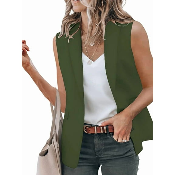 Women'S Sleeveless Blazer Vest Casual Open Front Single Button Summer Jacket with Pockets  Green S