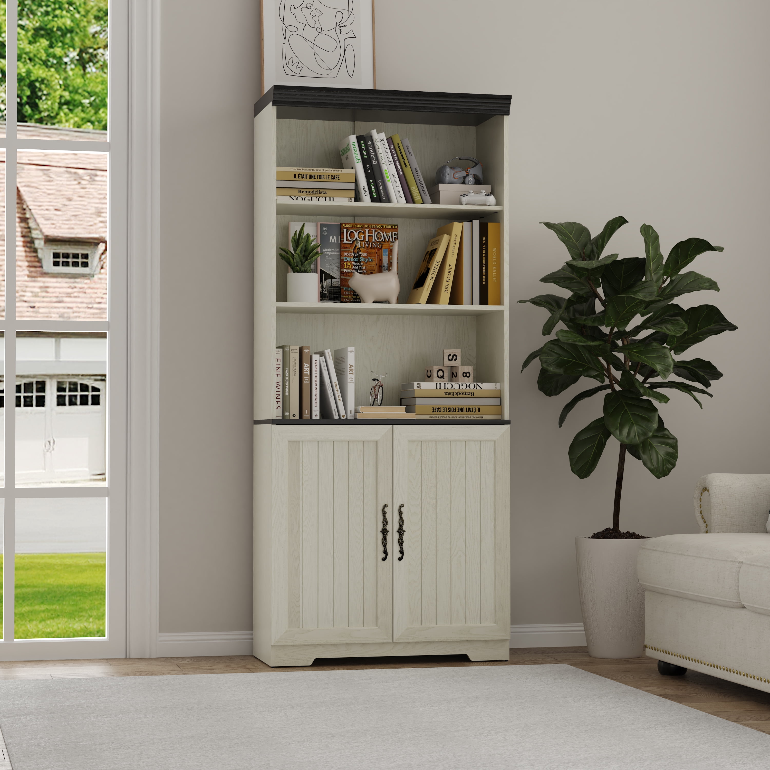 Leumius Tall Storage Cabinet,5 Tier Cube Display Cabinet with Adjustable Shelves and Barn Doors,Wood Freestanding Display Bookshelves for Bedroom,Living Room, Kitchen, Pantry, Bar Cabinet,White