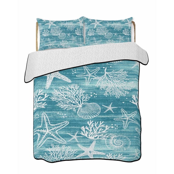 Twin Quilt Bedding Set, Teal Coastal Reversible Summer Quilt 3 Pieces, Summer Ocean Sea Waves Starfish Corals Lightweight Bedspreads Coverlets with 2 Pillow Shams for All Seasons