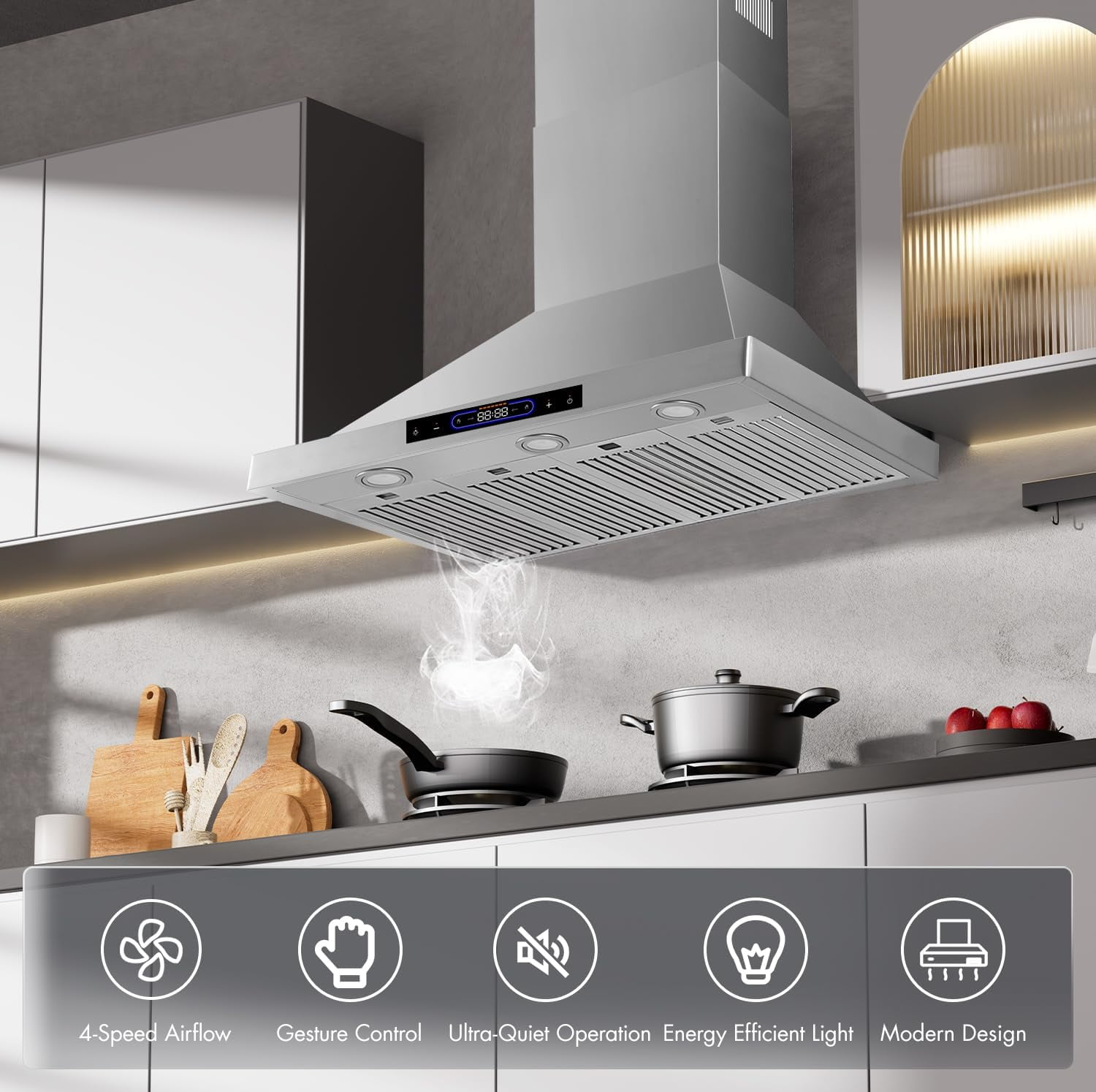 48 inch Wall Mount Range Hood Convertible Vent with Permanent Baffle Filters 800 CFM Stainless Steel for Kitchen Gesture Sensing & Touch Control, 4 Speed Exhaust Fan, ETL listed