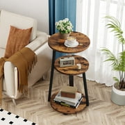 Biemlerfn End Side Table, Round Sofa Table with Metal Frame, 3-Tier Coffee Table Nightstand for Home, Black&Brown