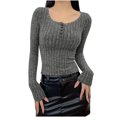 thumbnail image 2 of Chandails à Manches Longues pour Femmes Automne Hiver Bouton Col Rond Hauts Extensibles Décontractés Blouses Côtelées Gris P, 2 of 4