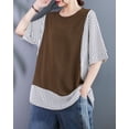 thumbnail image 5 of Women's Half Sleeve Crewneck Stripe Solid Color Patchwork Tee Shirt T-Shirt Tops GA2630 Coffee, 5 of 5