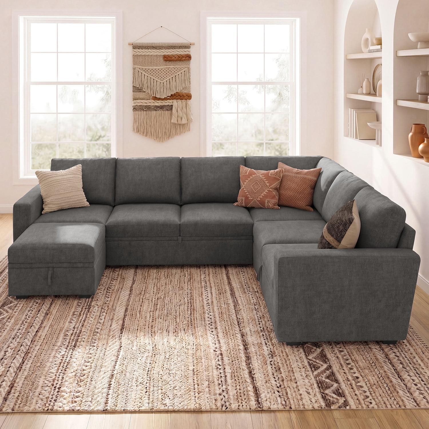 Marrber Sectional Linen Sleeper Sofa Bed with Storage and Pull-Out Couch for Living Room, Grey