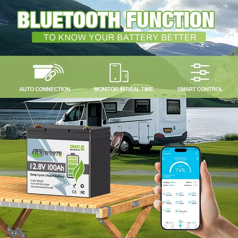 キャンピングカー アウトドア Lifepo4 12v100A TCBWORTH 12V 100Ah LiFePO4 Battery Bluetooth, 22NF Lithium Battery