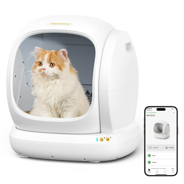 Caja de arena autolimpiante para gatos MeoWant con tapa abierta y control de aplicaciones