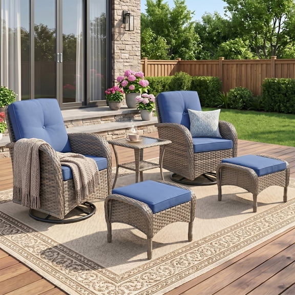 Unnifurnzi 5 Pieces Outdoor Wicker Patio Furniture Set-High Back Outdoor Rocking Chairs Set of 2 with Ottoman Patio Conversation Sets for Deck Lawn Porch Balcony Poolside-Gray/Blue