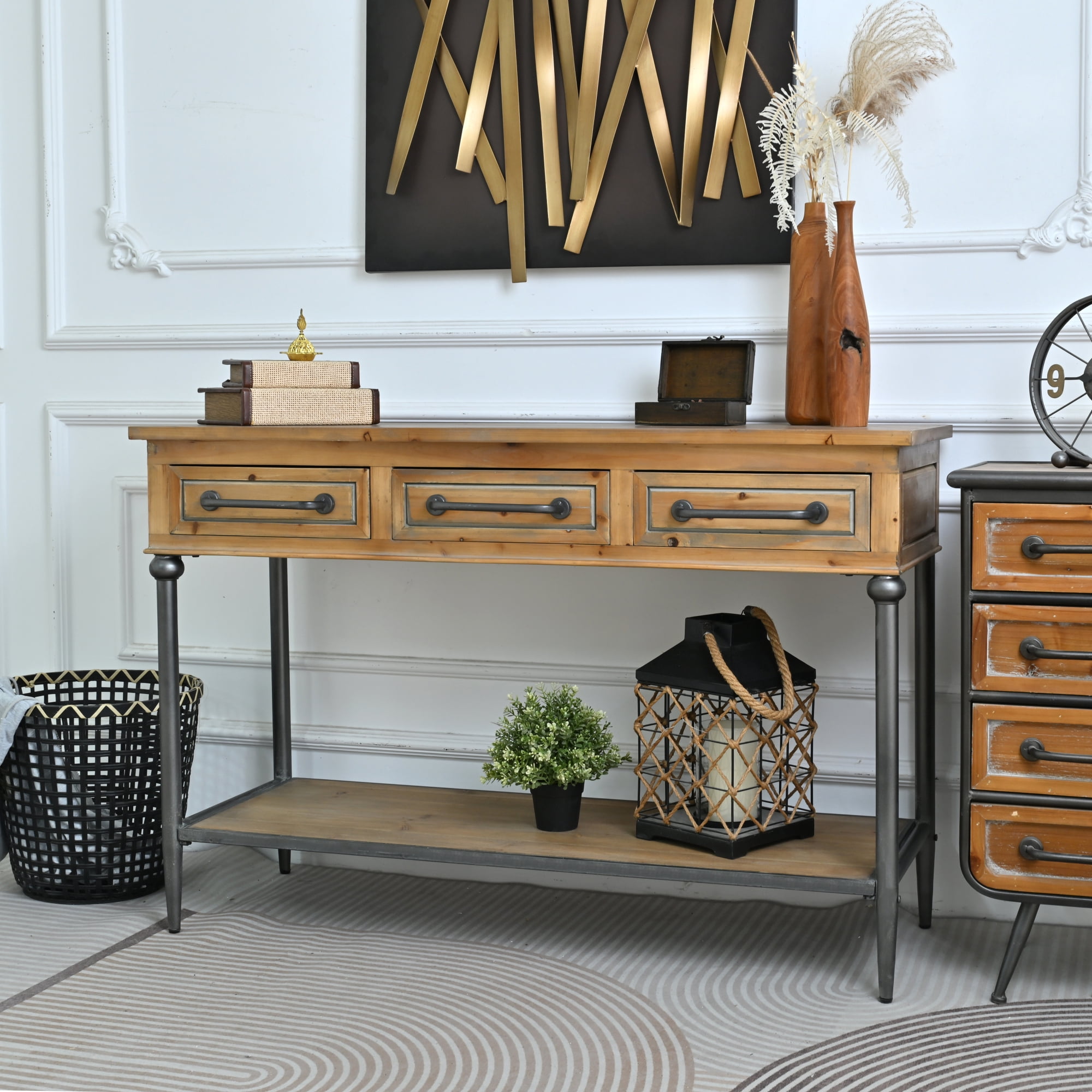 Leumius 48.03" Accent Rustic Storage Console Table, Rectangle Solid Wooden Top Metal Leg Console Table with Open Shelf and 3 Drawers for Living Room