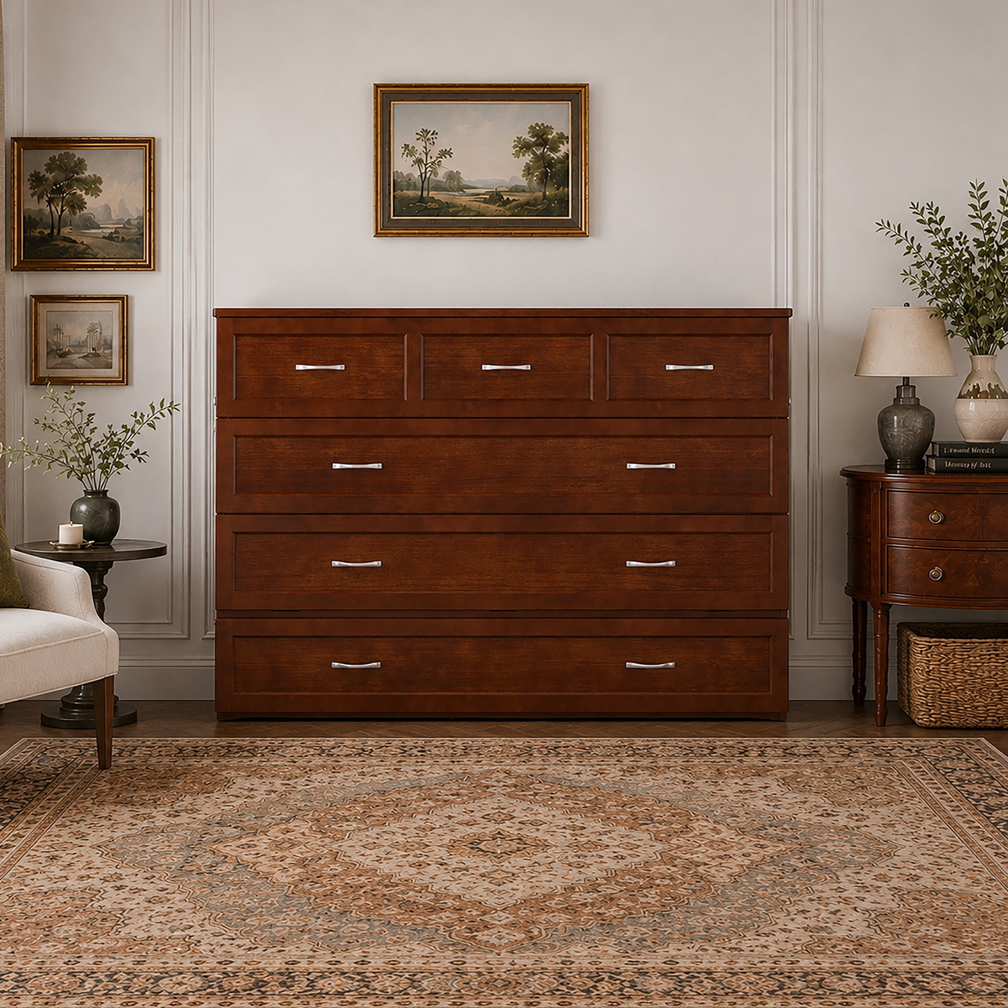 AFI Northfield Queen Solid Wood Murphy Bed Chest with Mattress, Drawer & Charger, Walnut