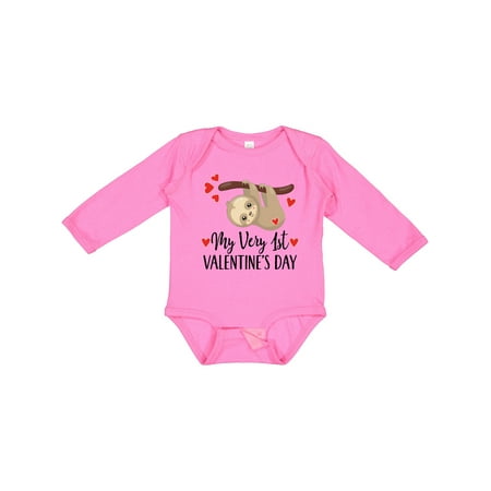 

Inktastic My First Valentines Day Baby Sloth Gift Baby Boy or Baby Girl Long Sleeve Bodysuit