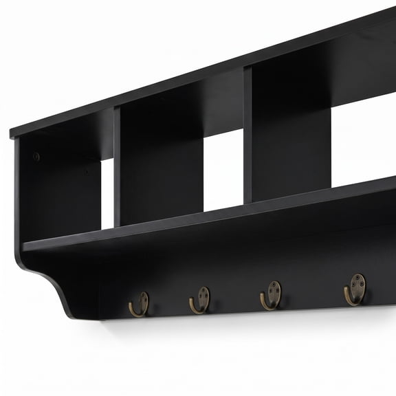 Furnibear Wall Mounted Coat and Hat Rack with Cubby Storage Shelf and 4 Hooks for Entryway Living Room and Bathroom, Black