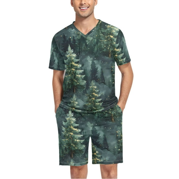 joogoo Men's Pajama Set Christmas Trees Plant V-Neck Pj Shorts Set 2 Piece Loungewear Sleepwear L
