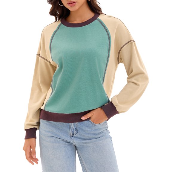 ATHLECHIC Oversized Sweatshirt for Women Color Block Crew Neck Long Sleeve Pullover Tops Casual Fall Outfits S Green Khaki