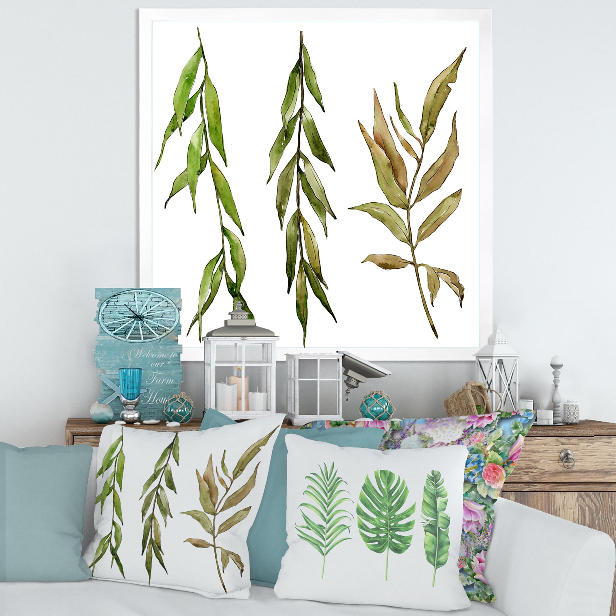 Designart 'Three Willow Branches On White' Farmhouse Framed Art Print