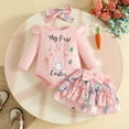thumbnail image 2 of Easter Outfit for Baby Girl 3 Piece Letter Bunny Print Bow Romper Kids Ruffle Long Sleeve Tops and Skirt Dress Headband Set Cute Clothes, 2 of 9