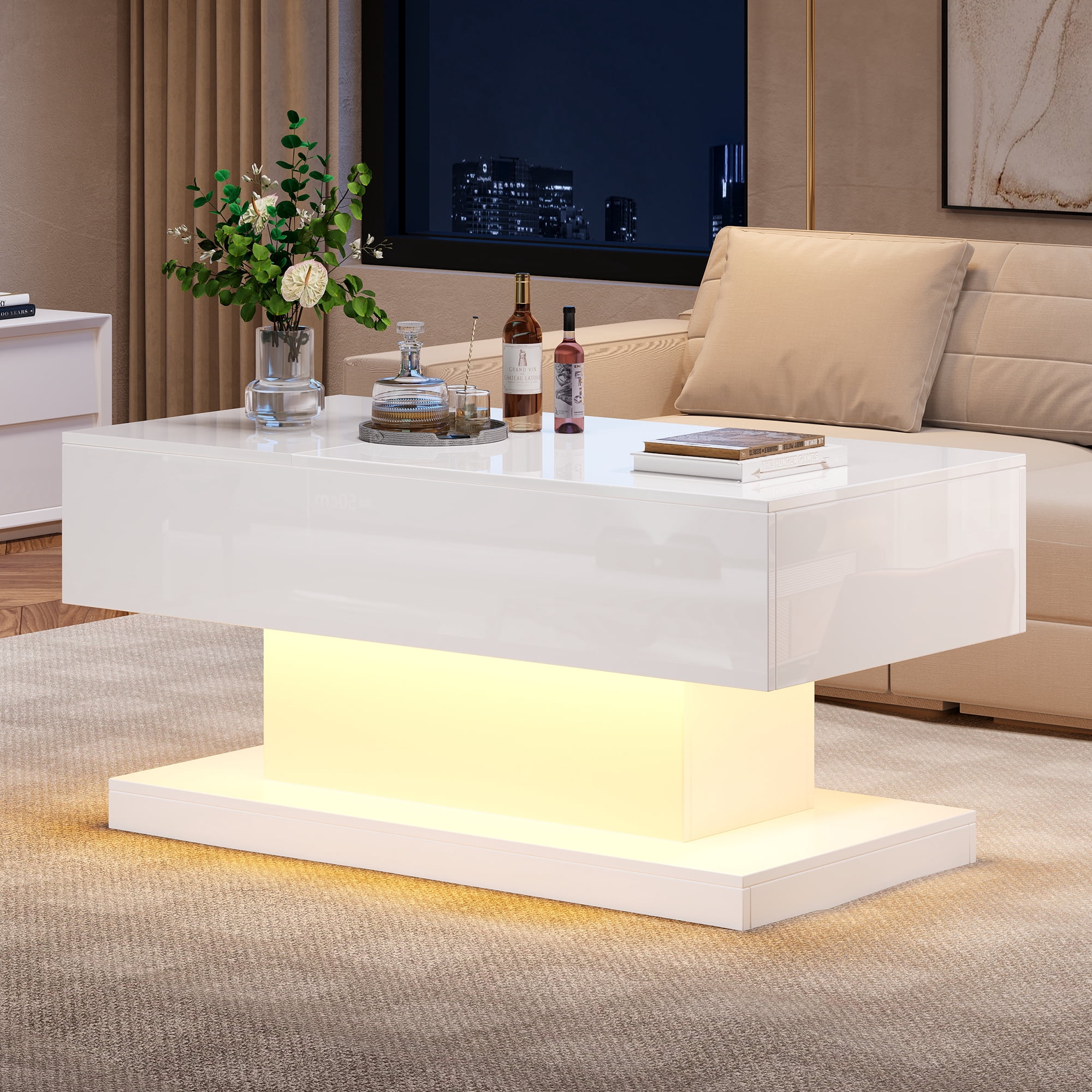 Noble House Lift-Top Coffee Table,High-Gloss LED Lit with Sliding Extendable Desktop & Lifting Mechanism,White