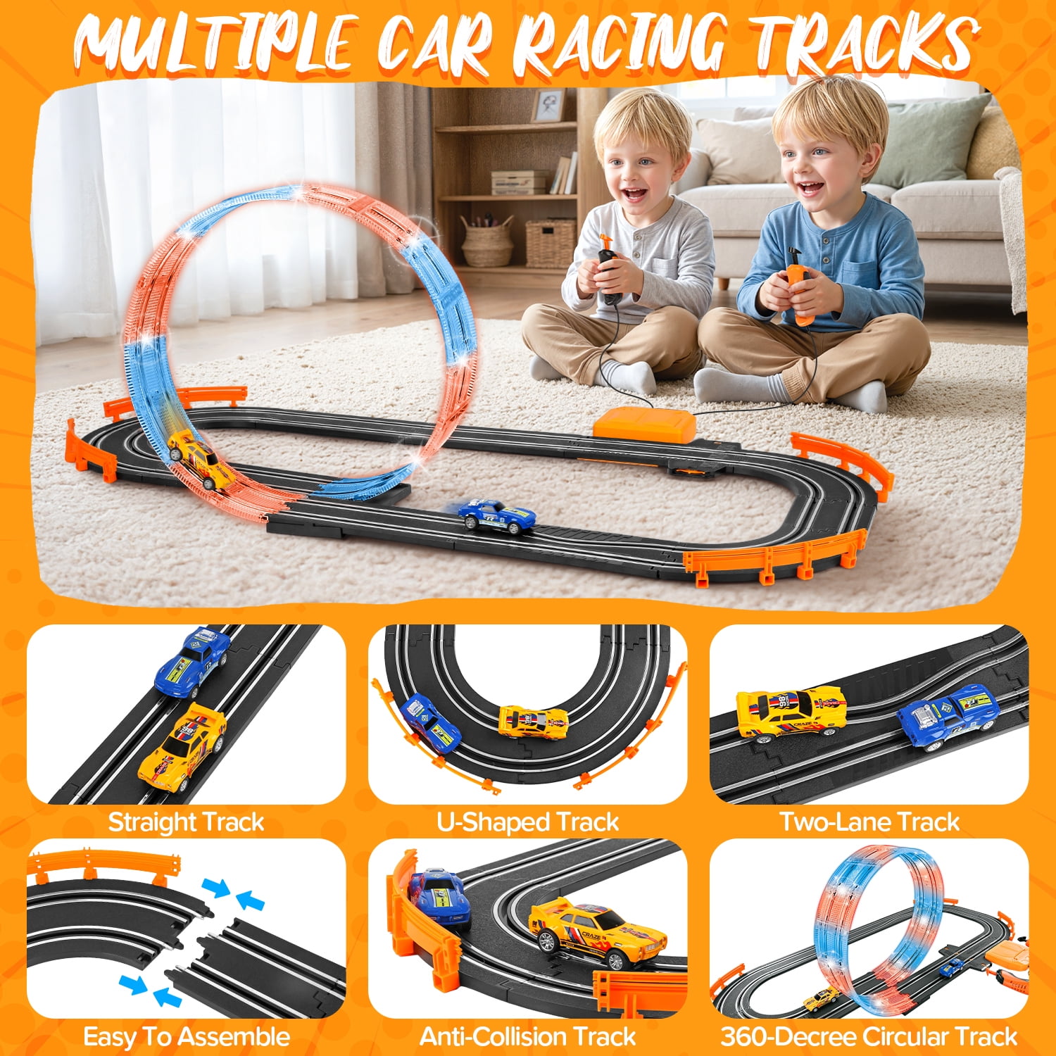 UQN 2-in-1 Slot Car Race Track Set, Electric Race Track for Kids 4-8 with 1:64 High-Speed Racing Car, Dual Racing Game Lap Counter Circular Overpass Flash Tracks, Gifts Toys for Boys Kids age 6-8-12