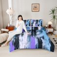 thumbnail image 4 of Manfei Modern Abstract Art Full Size Comforter Sets, Blue Purple Stripes Geometric Bedding Comforter Set, Oil Printing Reversible Bedding Sets, Super Cozy Room Decor, 3-Piece, 4 of 8