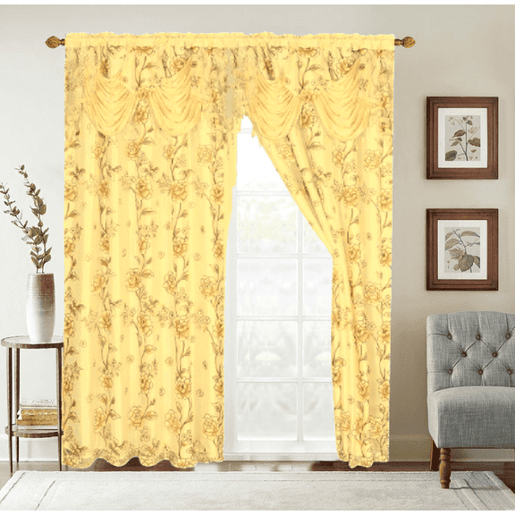2 Piece Daniela Printed Flowers Luxury Jacquard Attached Valance with Long Crystals Beads and Tassels Window Curtain (54 inches wide x 84 inches long)