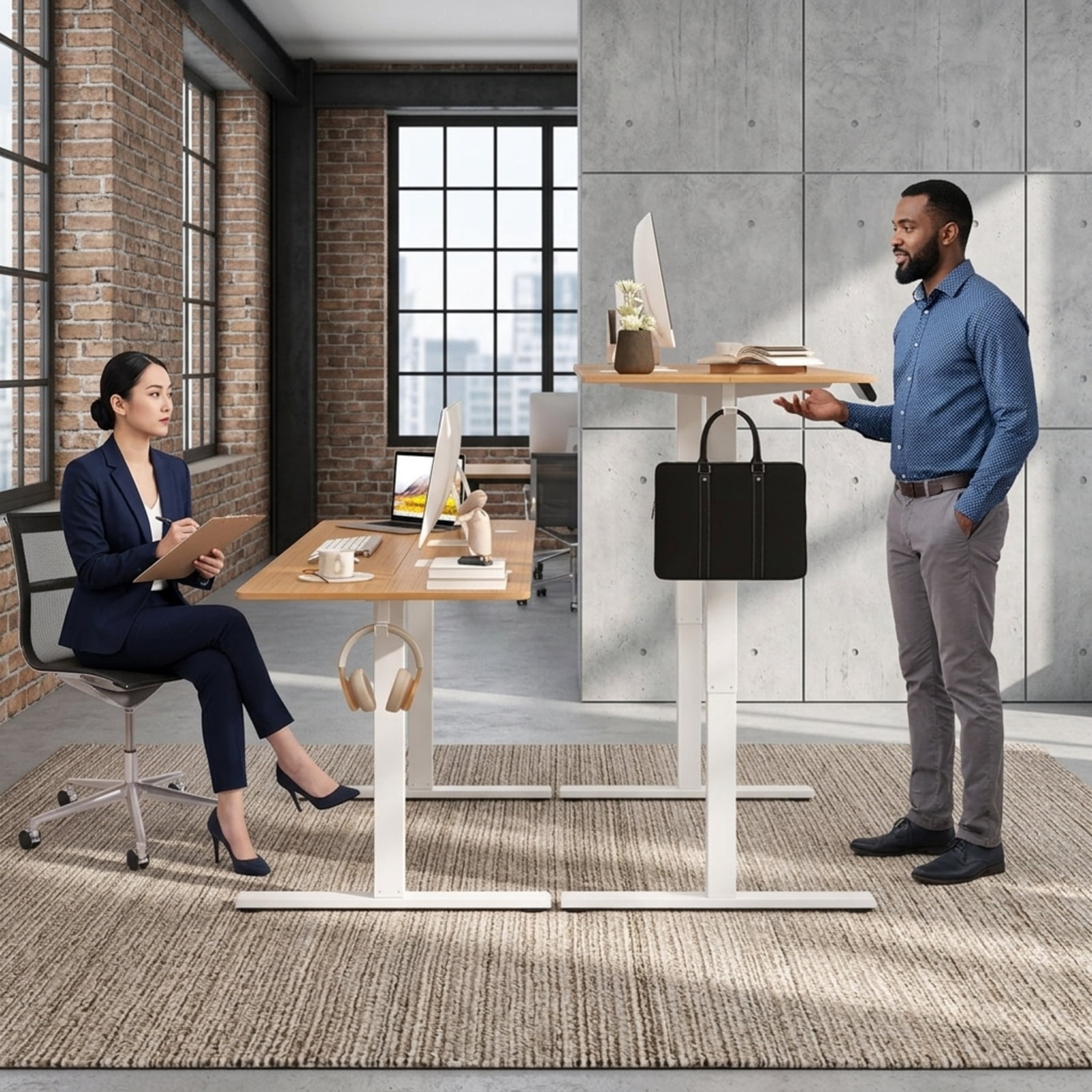 Furnibear Electric Standing Desk with 3 Memory Heights Adjustable Height Sit Stand Home Office Desk with Hooks and Cable Holes, Natural