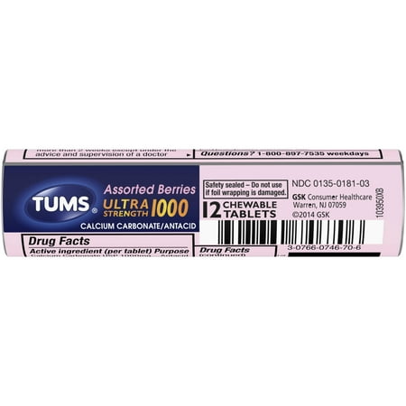 (4 Pack) TUMS Antacid Chewable Tablets for Heartburn Relief, Ultra Strength, Assorted Berries, 12