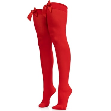 Skeleteen Bow Accent Thigh Highs - Red Over The Knee High Stockings with Red Satin Ribbon Bow Accent for Women and Girls