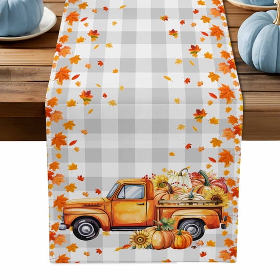 ERUNPONLY Orange Thanksgiving Table Runner - 120 Inch Long Fall Truck Pumpkins Maple Leaves Gray Plaid Cotton Linen Dress Scarves Farmhouse Table Runner for Kitchen Dining, Coffee Table, 13" x 120"