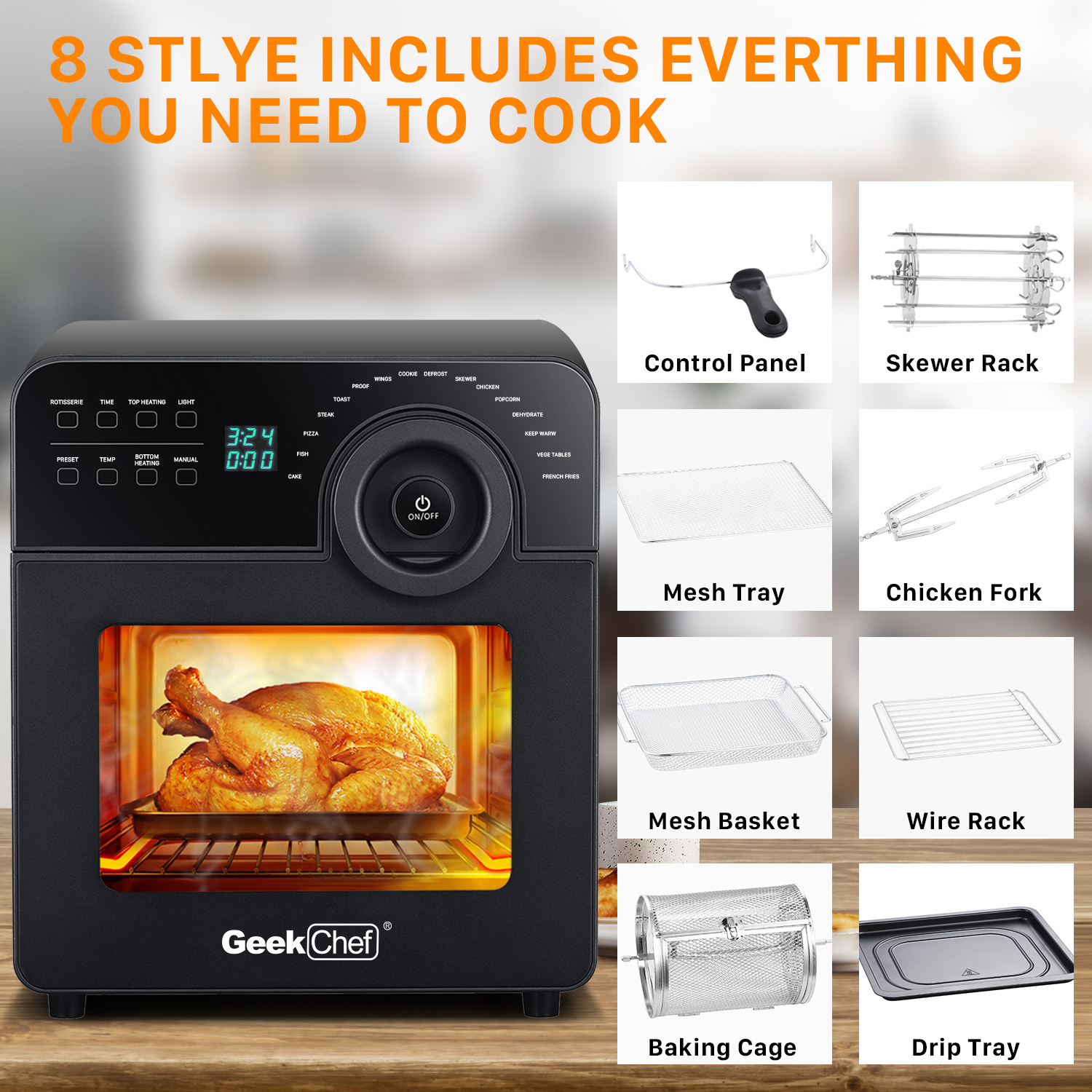 UWR-Nite Electric Air Fry Oven Toaster Convection Smart Oven, Countertop Rotisserie Multi-Function 16-in-1 Preset Modes Recipe 15Qt 8 Accessories Black Reheat 1700W - image 3 of 6