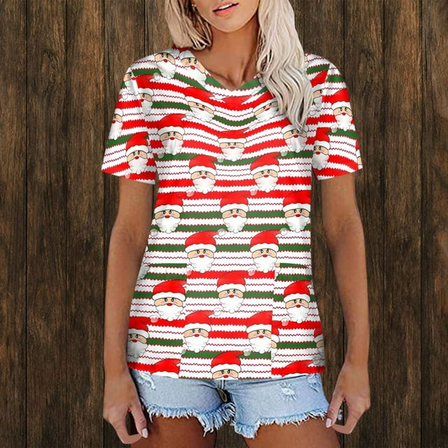 TIMIFIS Blouse d'Uniforme Imprimée de Noël, Manches Courtes, Col en V, avec Poches - Rouge Automne/hiver