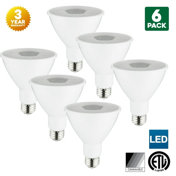 6-Pack Sunlite PAR30 LED Long Neck Bulbs, 5000K Super White, Dimmable, 10 Watt (75W Equivalent), Medium (E26) Base, ETL Listed