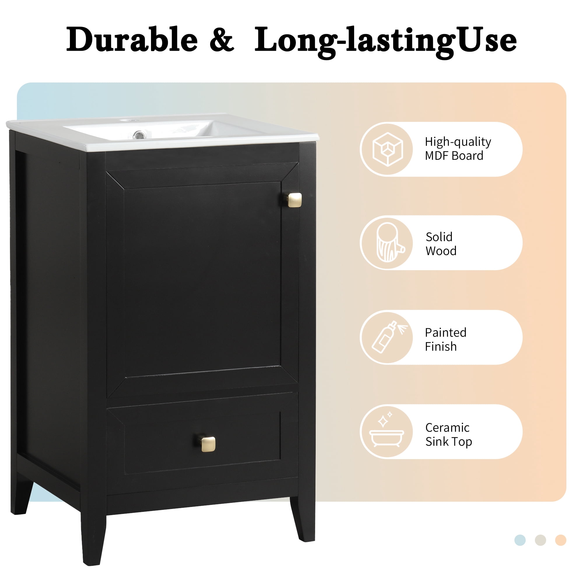 Euroco Bathroom Vanity with Ceramic Sink, Soft-Close Door, Storage Drawer & Door Rack, Painted Solid Wood & MDF, Single Hole Faucet Compatible, Platinum Knobs