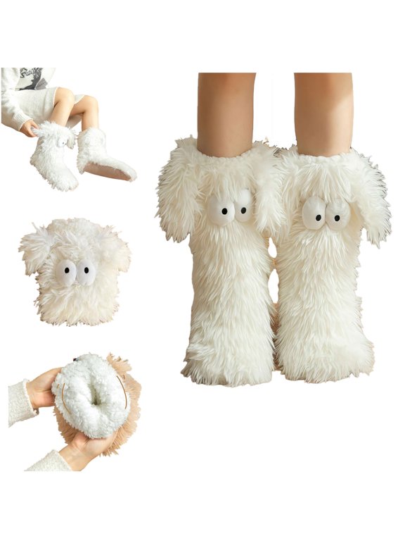 Muffle Friends Cozy Socks,Cozy Socks with Big Eye and Floppy Ears,Cute Plush Slipper Sock,Womens Winter Warm Non-Slip Sock