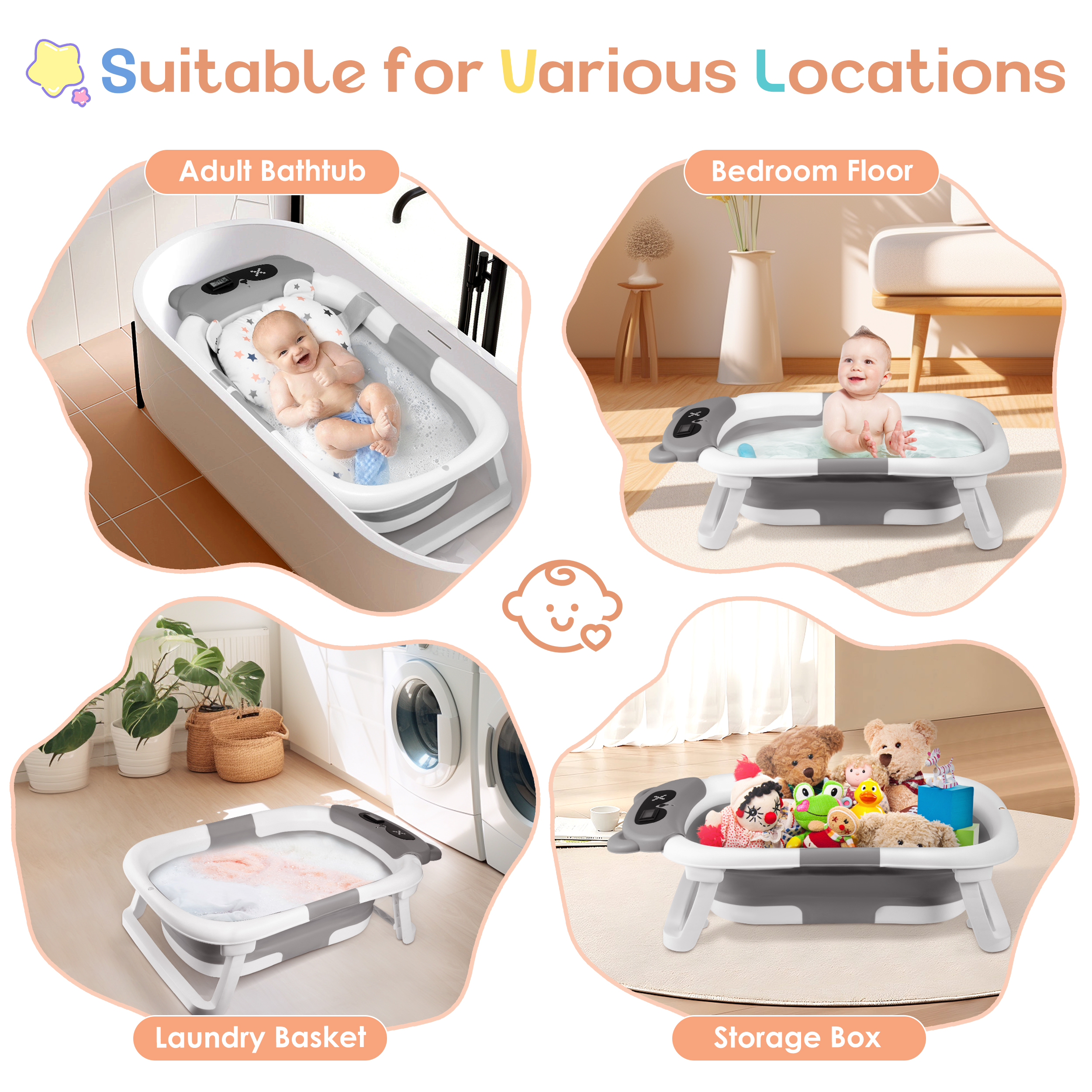 Doulami Collapsible Baby Bathtub, 0-36 Months with Cushion & Thermometer photo 8