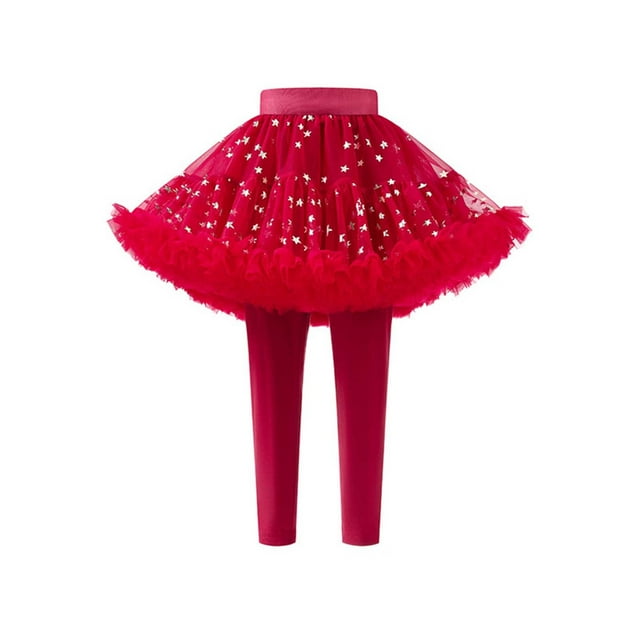 FAOWME Little Girls Footless Leggings With Tutu Ruffle Skirt Stretchy Pantskirt Red 6-7 Years
