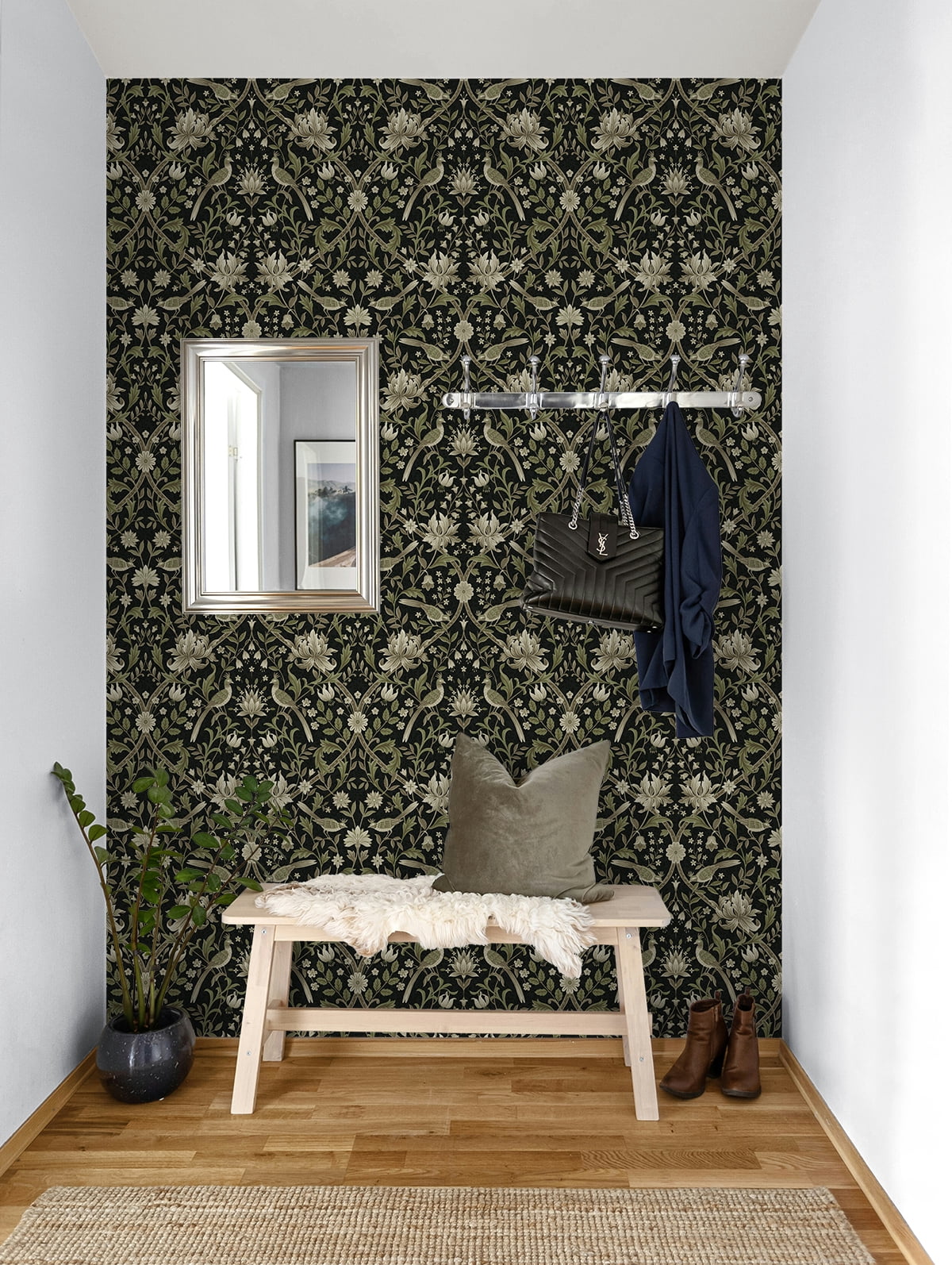 NextWall Ebony & Rosemary Vintage Bird Ogee Peel and Stick Wallpaper - 20.5 in. W x 18 ft. L Roll