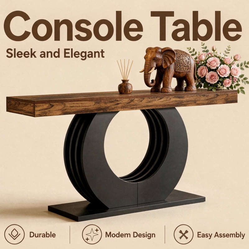 Curved Base Accent Entryway Table, Wooden Console Table with Wide Tabletop, Side Sofa Table with Circular Pedestal