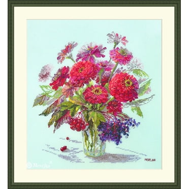 Merejka Counted Cross Stitch Kit "Vintage Lilies" - Aida 16 Cappuccino, 17x30cm, Includes DMC Threads & Pattern