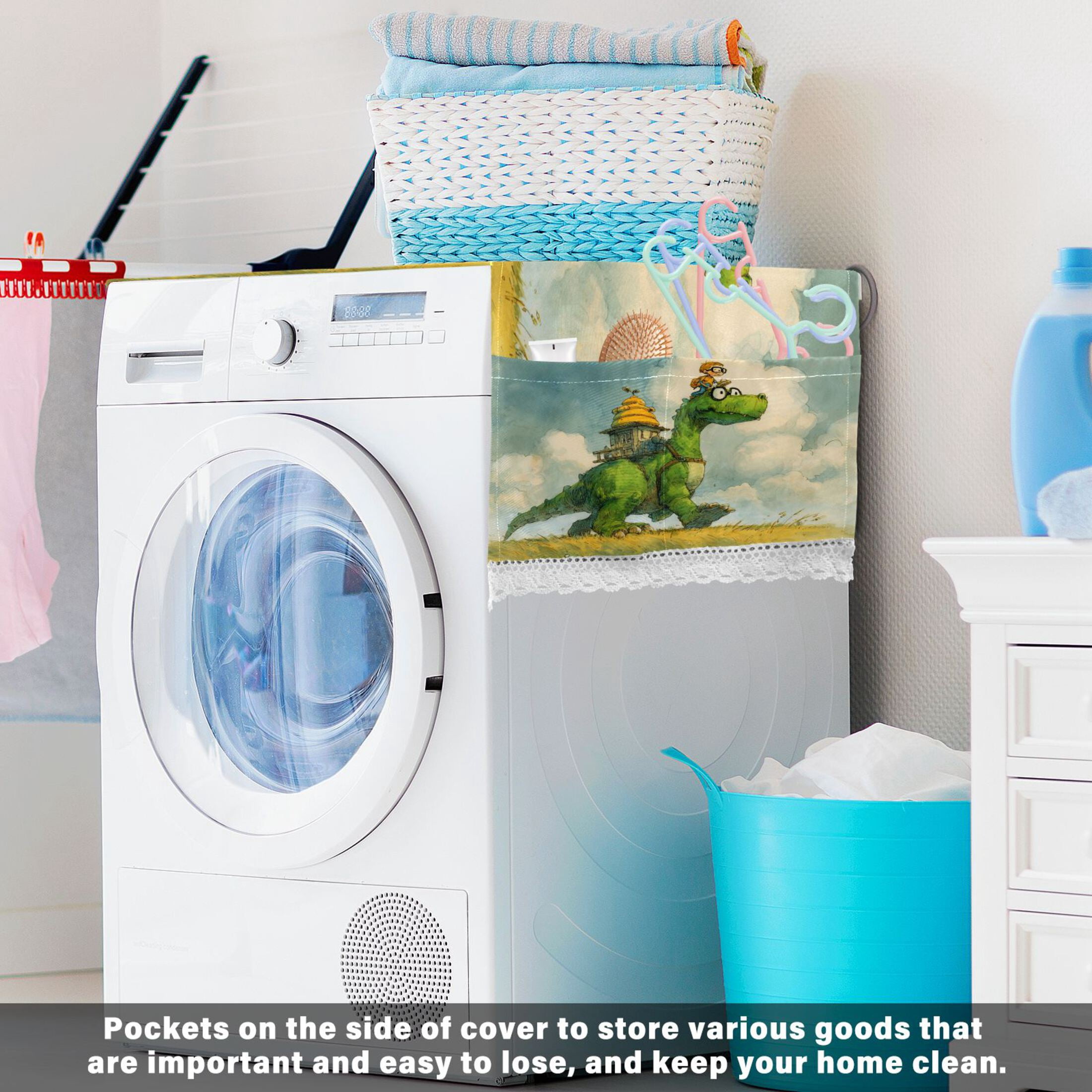 Wobogo Dinosaur Cabin Washing Machine Cover Dustproof Washer Dryer Cover Waterproof Laundry Room Decorative Protector