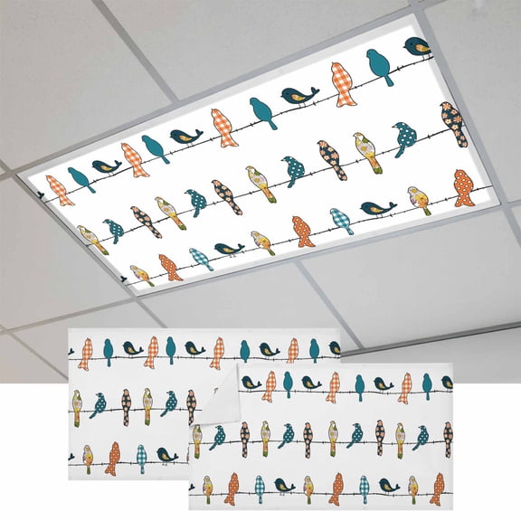 Fluorescent Light Covers for Ceiling Lights Classroom, Floral Birds Magnetic Ceiling Light Cover Filter for School,Office, 2X4 FT, Pack of 2, Teal Orange Yellow Black