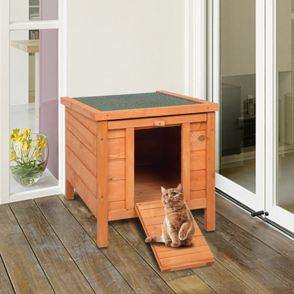 Small Pet Hutch, Natural Cedar Wood Rabbit Hutch with Green Asphalt Roof, Indoor Outdoor Bunny Cage Chicken Coop with Openable Roof for 1-2 Rabbits/2-3 Chickens