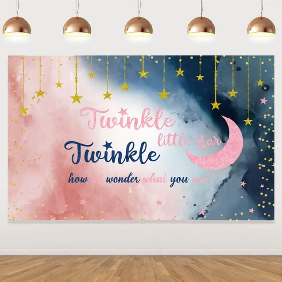 Twinkle Little Star Gender Reveal Backdrop,Little Stars Baby Shower Background, Pink Blue How We Wonder What You are Golden Star Party Decoration Photography Background Cake Table Banner Wallpaper