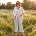 thumbnail image 4 of Satingcolo Linen Pants Women Wide Leg Ruffle Hem Pull On High Waisted Elastic Waist Cropped Ankle Casual Beach Summer Pants White S, 4 of 8