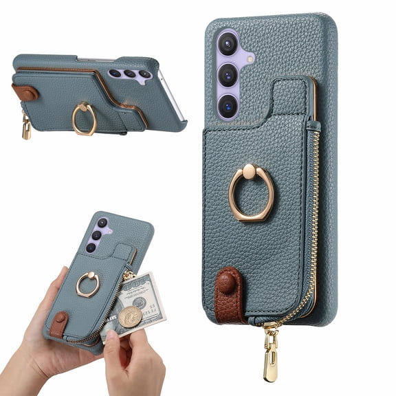 Case for Samsung Galaxy S24 Zipper Wallet Case, PU Leather Case with Card Holder, Ring Holder Stand, RFID Blocking Magnetic Car Mount Shockproof Protection Phone Cover for Samsung Galaxy S24 - Blue