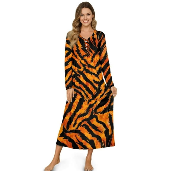 POLERO Orange Tiger Print Warm Nightgowns for Women Soft Long Sleeve Night Gown Plus Size Sleepwear Loungewear for Pajama Party, 3XL