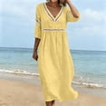 thumbnail image 6 of Lnmiateer Women Summer Boho Cotton‑Linen Dress V‑Neck 3/4‑Sleeve Pleated Lace Accent Lightweight Gauze Loose‑Fit Beach Vacation Daily Wear, 6 of 7