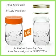 Le Parfait Screw Top Jar - 1L Wide Mouth French Glass Storage Jar w/Orange Plastic Lid, 32oz/Quart (Pack of 4)