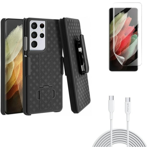 10ft Long Type-C Cable & Matte Screen Protector & Case Belt Clip for Samsung Galaxy S21 Ultra Phone - Fast Charger Cord PD & TPU Film Anti-Glare & Holster Swivel Accessory Bundle