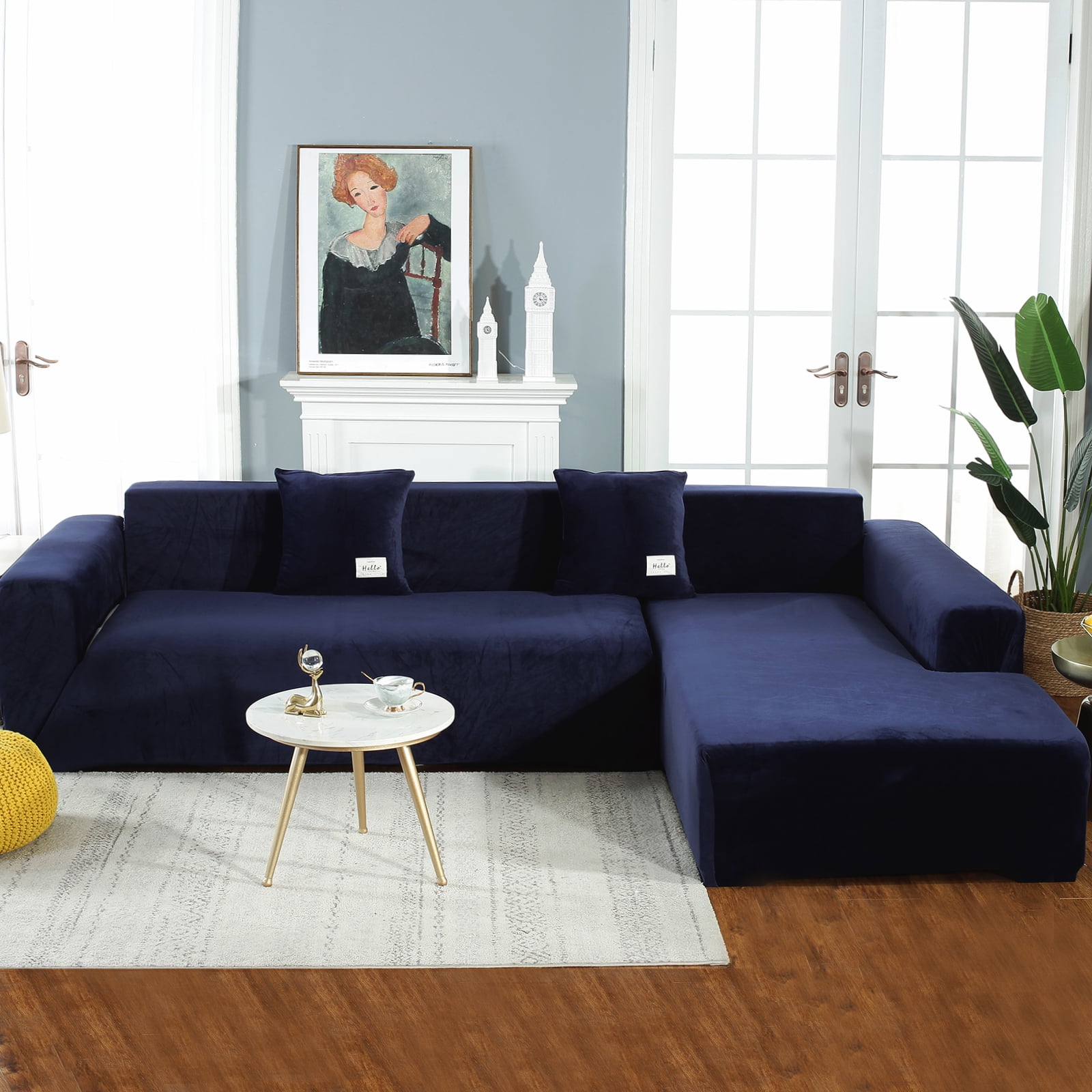 CJC Sectional Couch Covers, Velvet Stretch L Shape Sofa Covers, 2pcs Sofa Slipcovers for 3 + 4 Seaters Sectional Chaise Slipcover for Pets Kids, Navy Blue