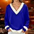 thumbnail image 2 of KHONTS Christmas T Shirts for Women Xmas V Neck Faux Fur Trim Tees Casual Loose Sweatshirts Long Sleeve Pullover Tops Blue XL, 2 of 8